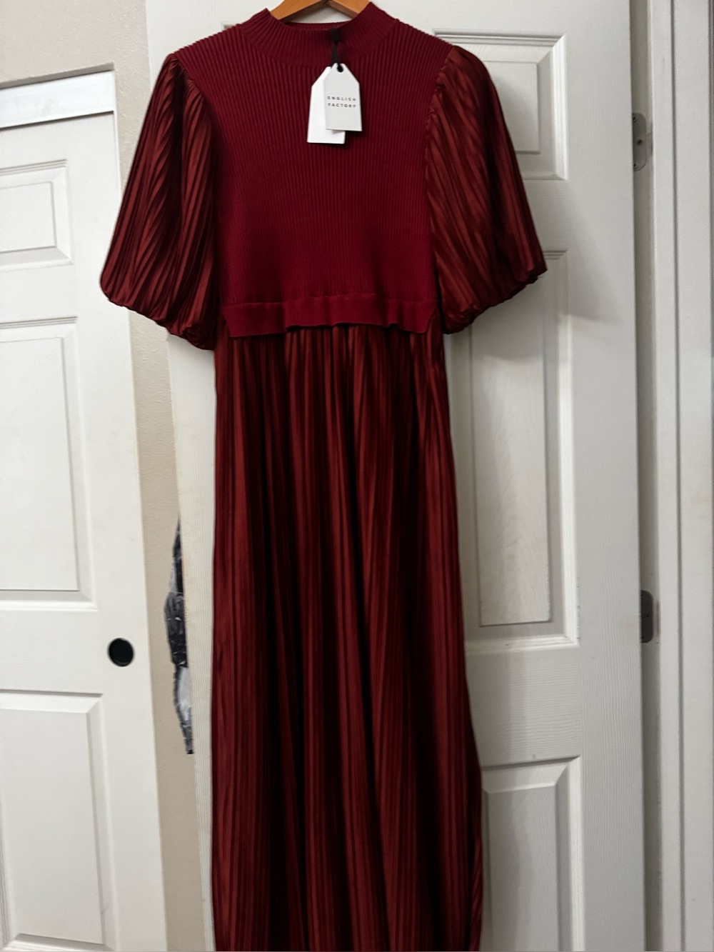 English Factory Wine Pleated Maxi Dress